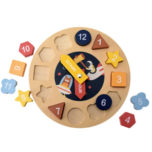 Load image into Gallery viewer, SPACE CLOCK WOODEN SHAPE SORTER AND PUZZLE