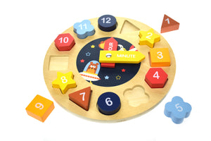 SPACE CLOCK WOODEN SHAPE SORTER AND PUZZLE